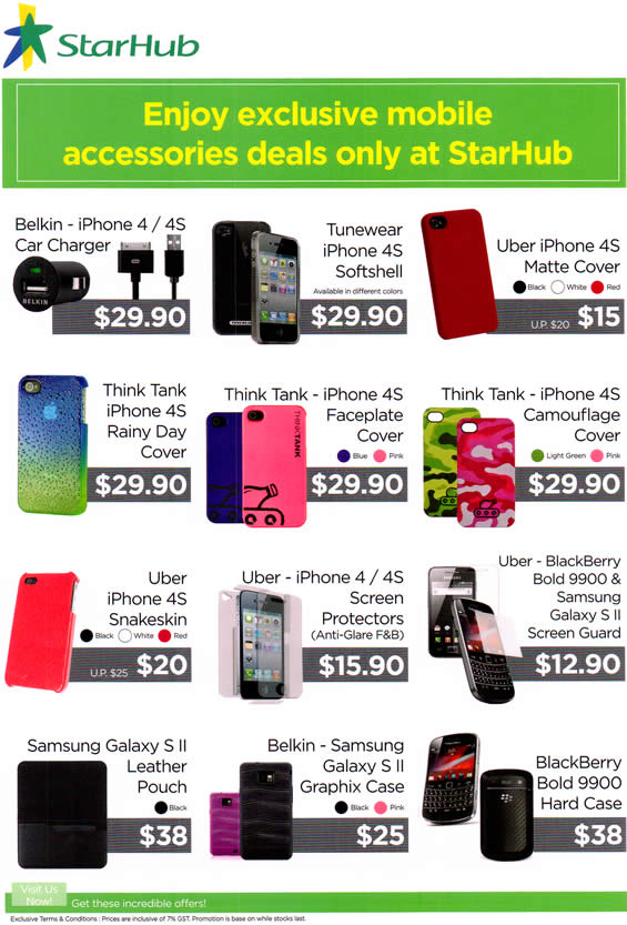 SITEX 2011 price list image brochure of Starhub Mobile Accessories Belkin IPhone 4 Charger, Tunewear Softshell, Uber IPhone 4S, Think Tank, Uber, Pouch, BlackBerry Bold 9900