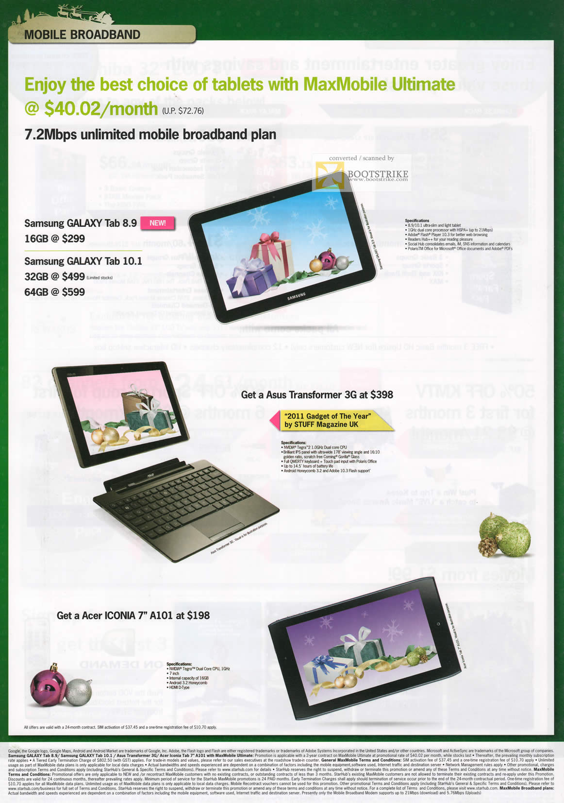 SITEX 2011 price list image brochure of Starhub Mobile Broadband Tablet MaxMobile Ultimate, Samsung Galaxy Tab 8.9, ASUS Transformer 3G, Acer Iconia A101