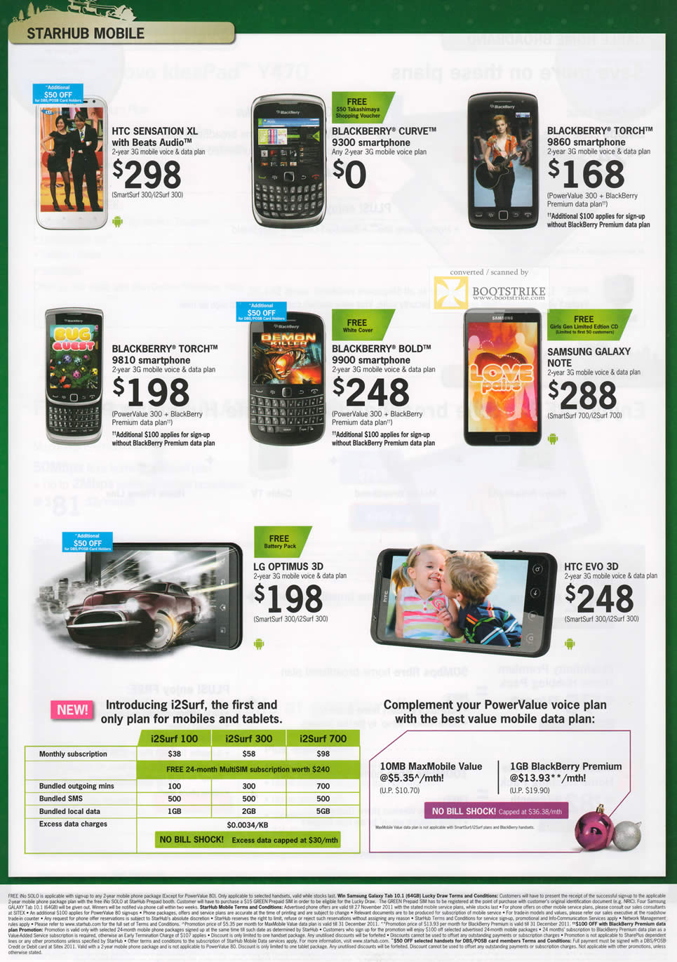 SITEX 2011 price list image brochure of Starhub Mobile HTC Sensation XL, Blackberry Curve 9300, Torch 9860, Torch 9810, Bold 9900, Samsung Galaxy Note, LG Optimus 3D, HTC Evo 3D, I2Surf Plan