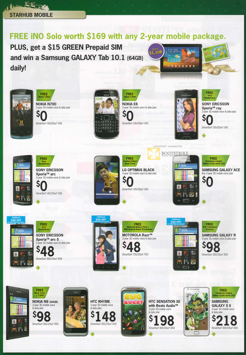 SITEX 2011 price list image brochure of Starhub Mobile Nokia N700, E6, N9, Sony Ericsson Xperia Ray, Arc, Arc S, LG Optimus Black, Samsung Galaxy Ace, Galaxy R, Galaxy S II, Motorola Razr, HTC Rhyme, HTC Sensation XE