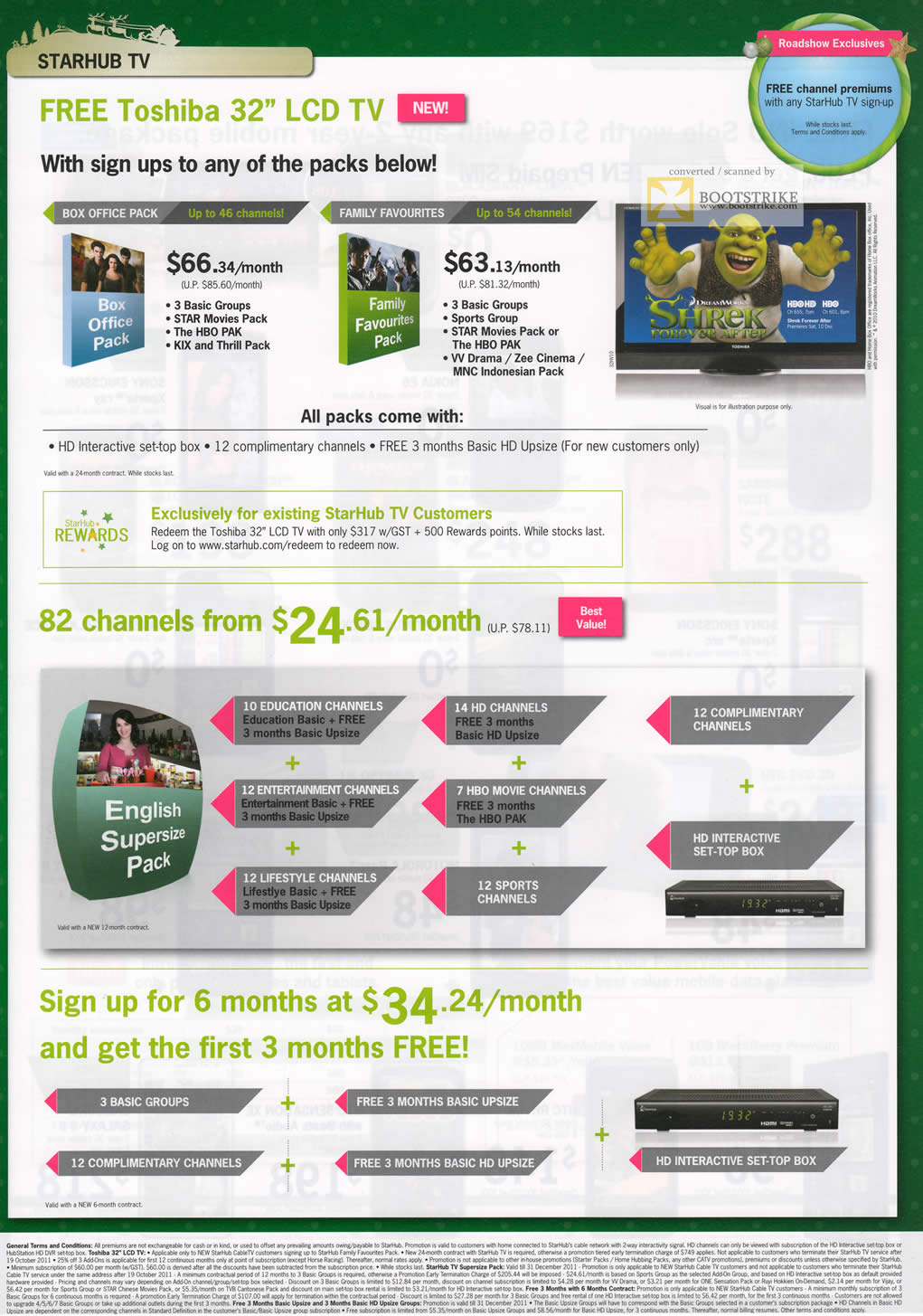 SITEX 2011 price list image brochure of Starhub TV Free Toshiba LCD TV, English Supersize Pack, Basic Upsize, Groups