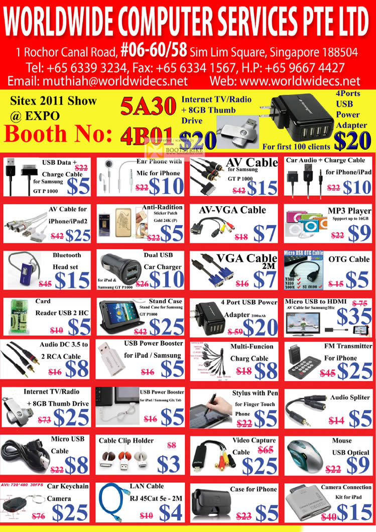 SITEX 2011 price list image brochure of Worldwide Computer Accessories AV Cable GT P 1000, VGA Cable, MP3 Player, Bluetooth Headset, LAN Cable RJ45 Cat 5e, IPhone Case, Mouse