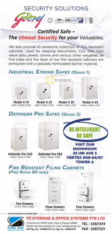 SITEX 2011 price list image brochure of YS Storage Security Solutions, Industry Strong Safe, Defender Pro, Fire Resistant Filing Cabinets