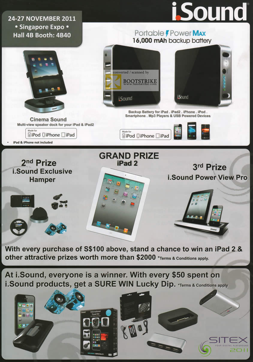 SITEX 2011 price list image brochure of ISound Portable Power Max Backup Battery IPad IPad 2 Portable Charger, Cinema Sound, Lucky Dip