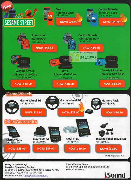 SITEX 2011 price list image brochure of ISound Sesame Street IPhone Case, Mini Game Pack, Elmo, Cookie Monster, Game Wheel 3G, 4G, Display Case, Travel Stand, Dual View