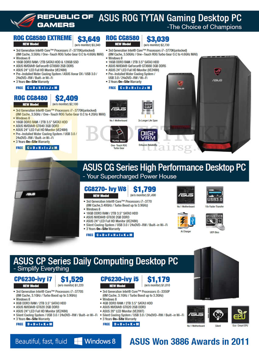 SITEX 2012 price list image brochure of ASUS Desktop PC CG8580 Extreme, CG8480, CG8270-ivy W8, CP6230-ivy, CP6230-ivy