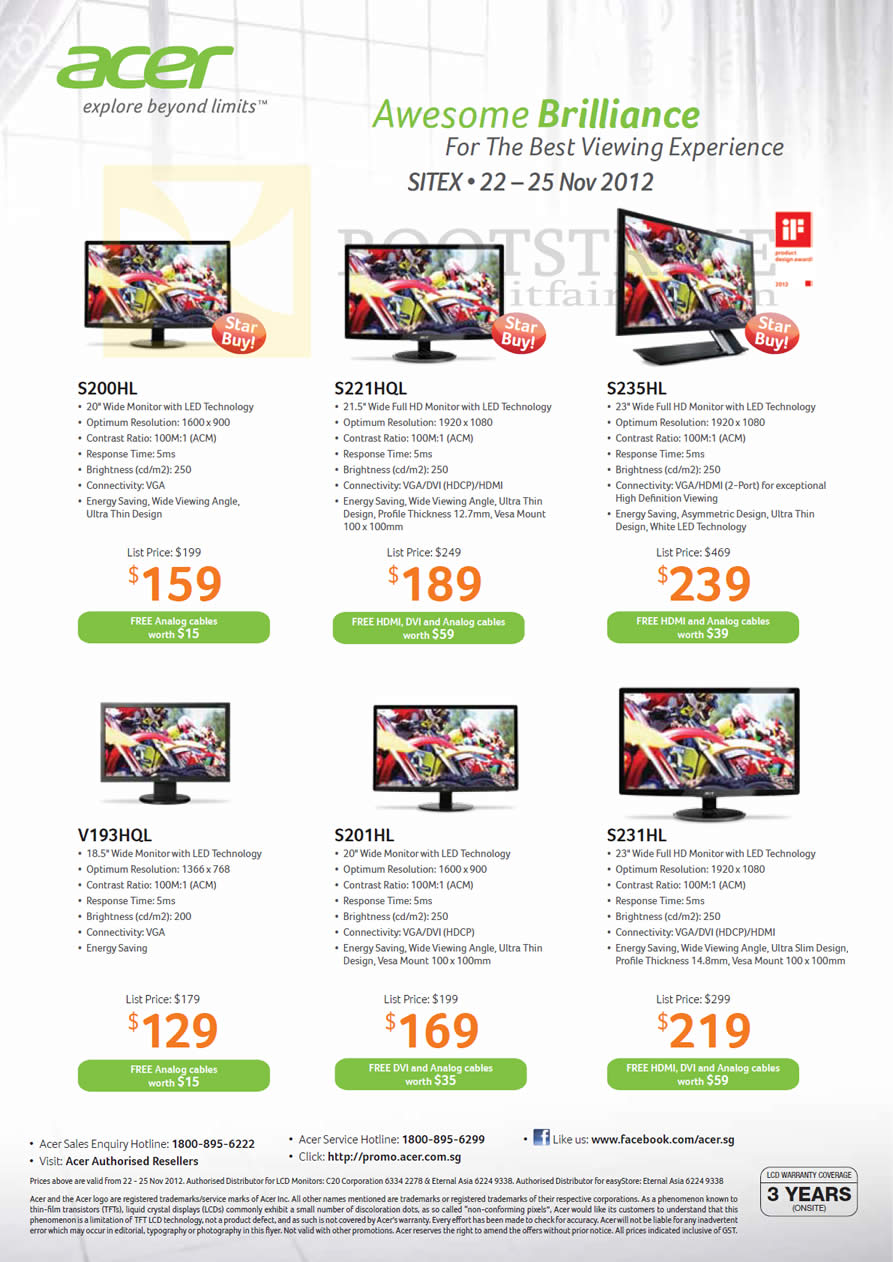 SITEX 2012 price list image brochure of Acer Monitors S200HL, S221HQL, S235HL, V193HQL, S201HL, S231HL