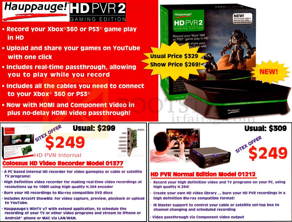 SITEX 2012 price list image brochure of Ajvw Hauppauge HD PVR 2 Gaming Edition Xbox PS3 Gameplay Recorder, Colossus HD Video Recorder 01377, HD PVR 01212