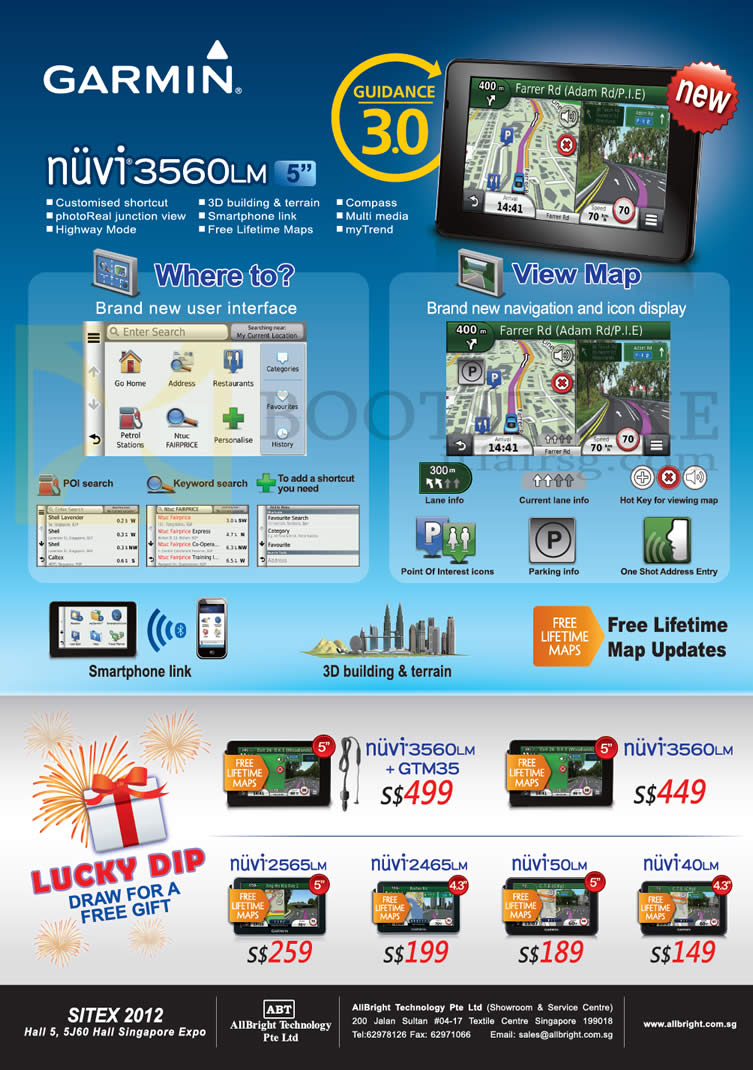 SITEX 2012 price list image brochure of Allbright Garmin GPS Navigator Nuvi 3560LM, GTM35, 3560LM, 2565LM, 2465LM, 50LM, 40LM