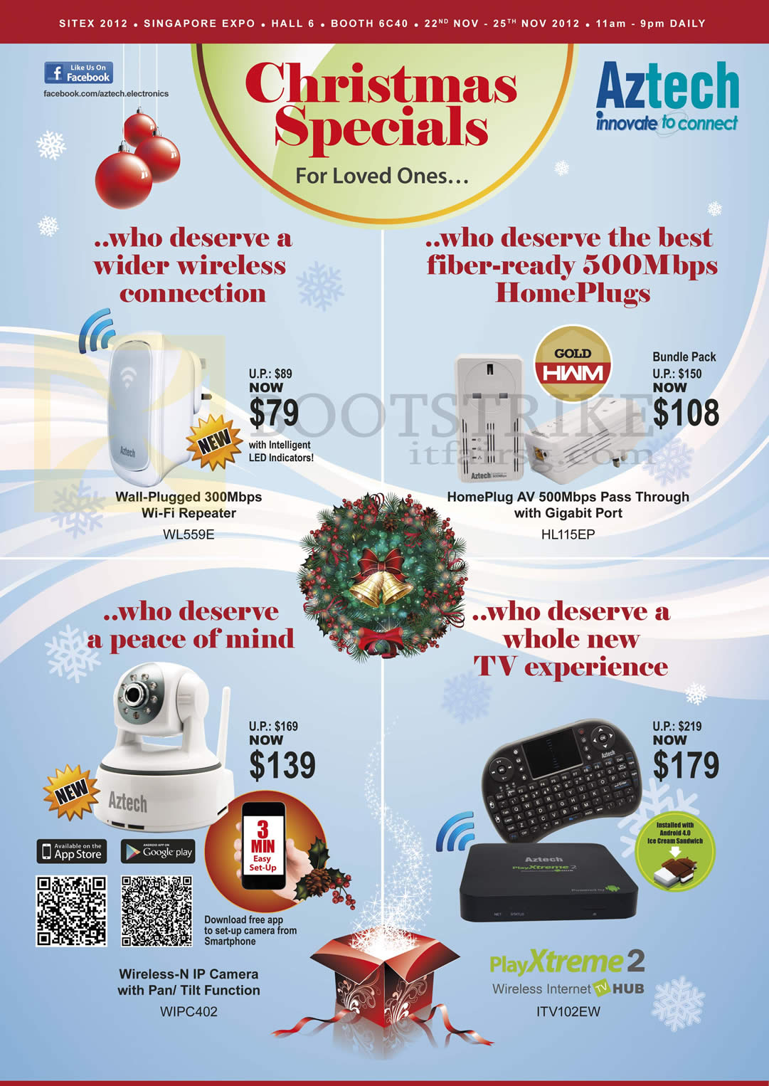 SITEX 2012 price list image brochure of Aztech Networking Wireless Repeater WL559E, HomePlug HL115EP, IPCam WIPC402, Media Player PlayXtreme 2 ITV102EW