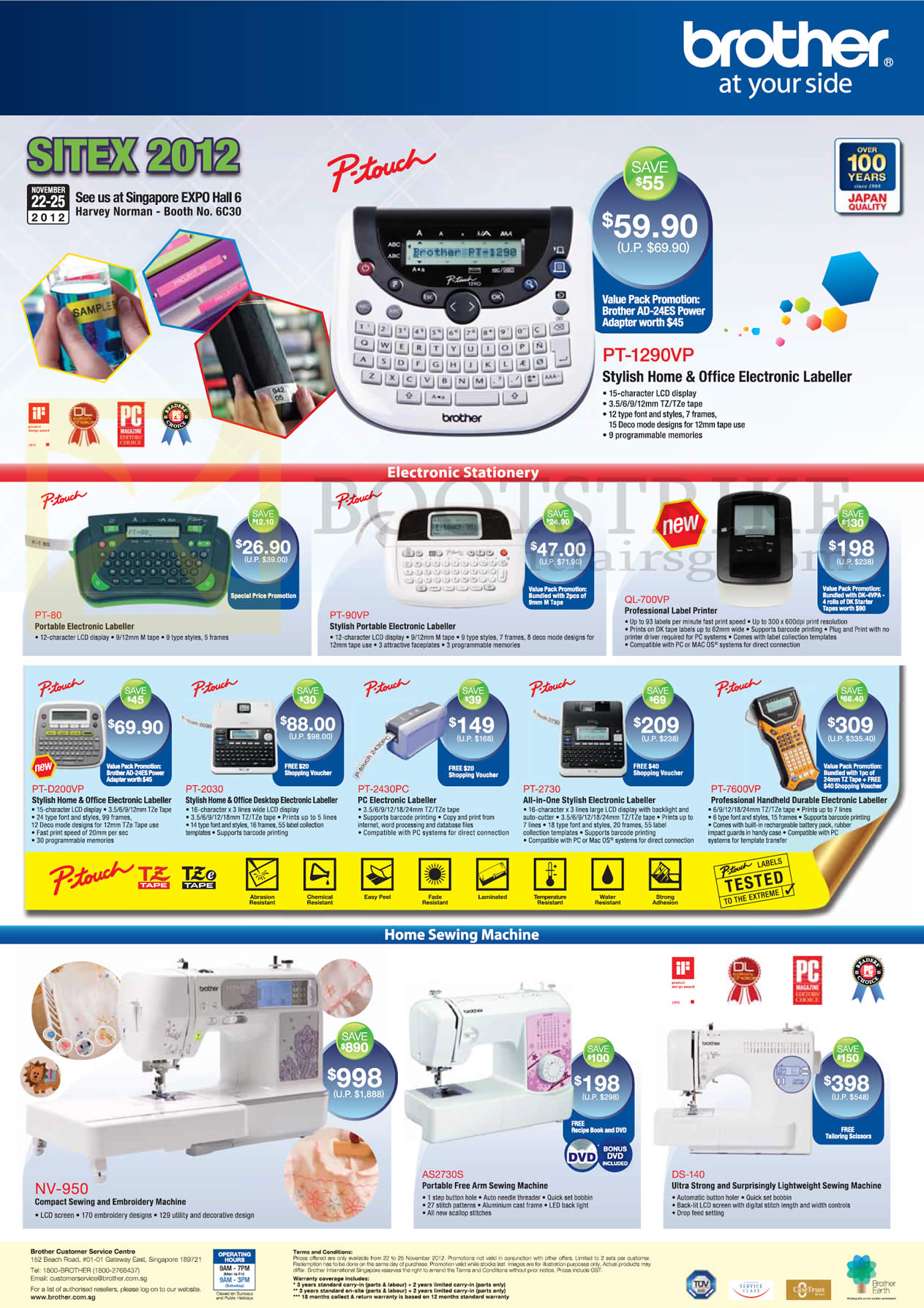 SITEX 2012 price list image brochure of Brother Labellers P-Touch PT-1290VP, PT-60, PT-90VP, QL-700VP, PT-D200VP, PT-2030, PT-2430PC, PT-2730, PT-7600VP, NV-950 Sewing Machine, AS2730S, DS-140