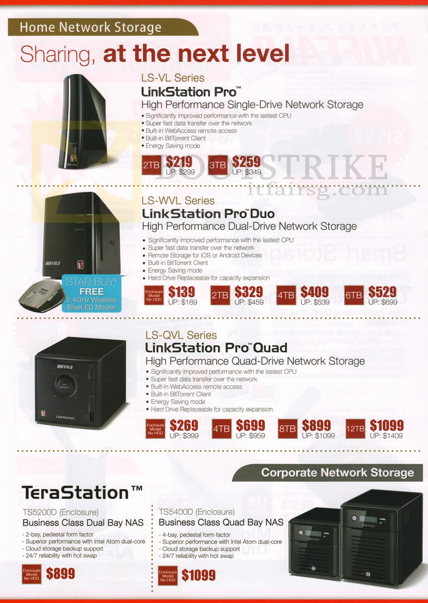 SITEX 2012 price list image brochure of Buffalo NAS Home Network Storage LinkStation Pro LS-VL, Pro Duo LS-WVL, Pro Quad LS-QVL, TeraStation TS5200D, TS5400D