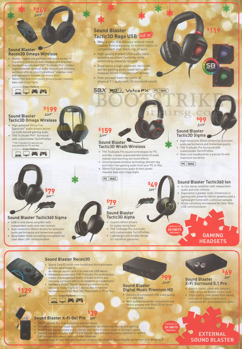 SITEX 2012 price list image brochure of C2O Creative Headphones Recon3D Omega, Tactic3D Rage USB Sigma Wrath Tactic360 Ion Alpha, Sound Blaster Recon3D, Digital Music Premium HD, X-Fi Surround 5.1 Pro, X-Fi Go Pro