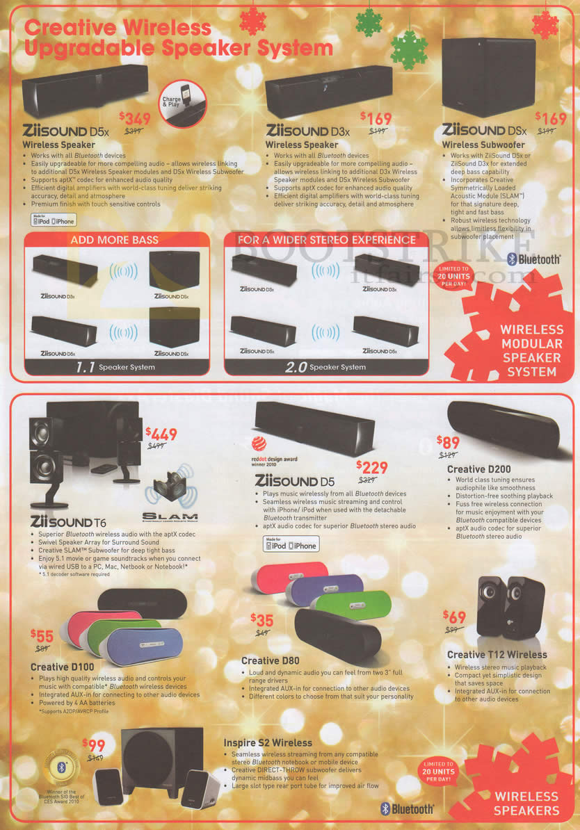 SITEX 2012 price list image brochure of C2O Creative Wireless Speaker ZiiSound D5x D3x DSx, T6, D200, Creative D100 D80, T12, Inspire S2 Speakers