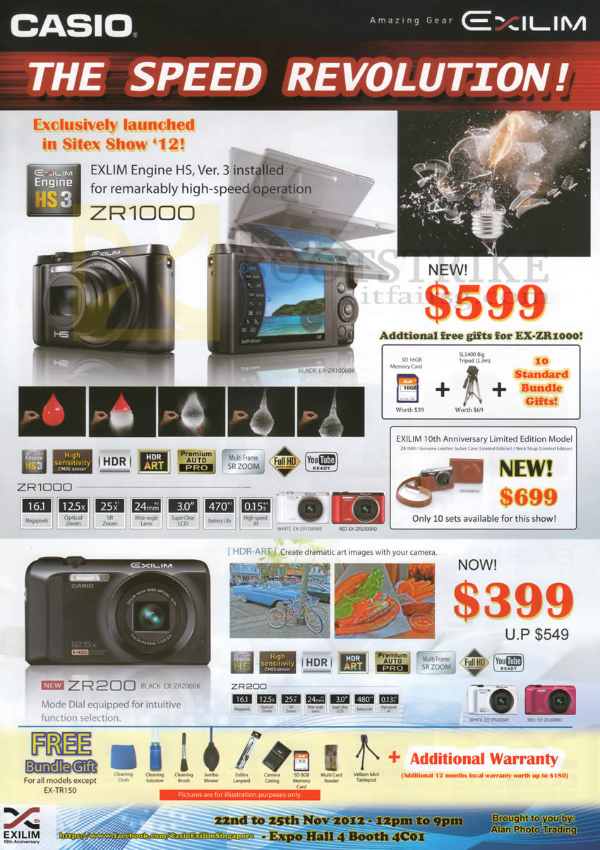 SITEX 2012 price list image brochure of Casio Digital Cameras ZR1000, ZR200