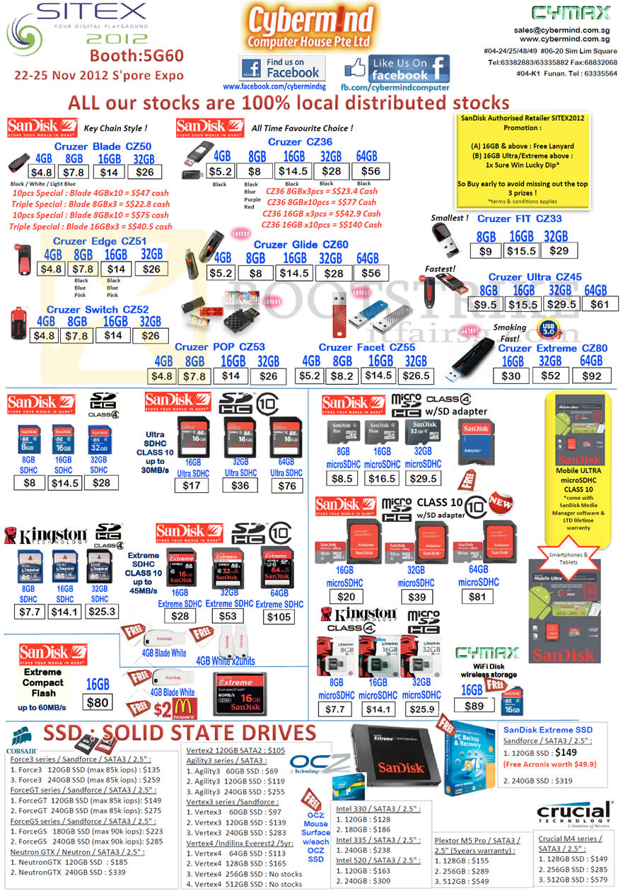 SITEX 2012 price list image brochure of Cybermind Flash Memory Sandisk USB Cruzer Blade Edge Switch Glide Fit Ultra POP Facet Extreme, SDHC CF MicroSD SSD Corsair Vertex2 OCZ Intel Crucial Plextor