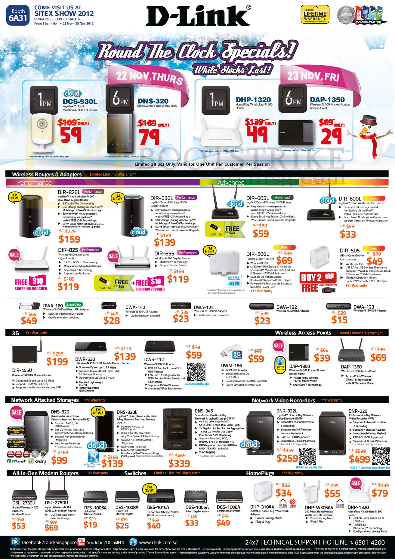 SITEX 2012 price list image brochure of D-Link Networking Wireless Routers DIR, USB Adapters DWA, NAS DNS, Network Video Recorders DAP, ADSL Modems DSL, Switches DES, HomePlugs DHP