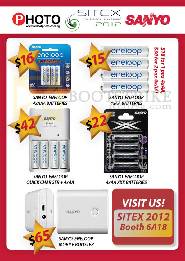 SITEX 2012 price list image brochure of Eastgear Red Dot Photo Sanyo Eneloop Batteries, Quick Charger, Mobile Booster, XXX