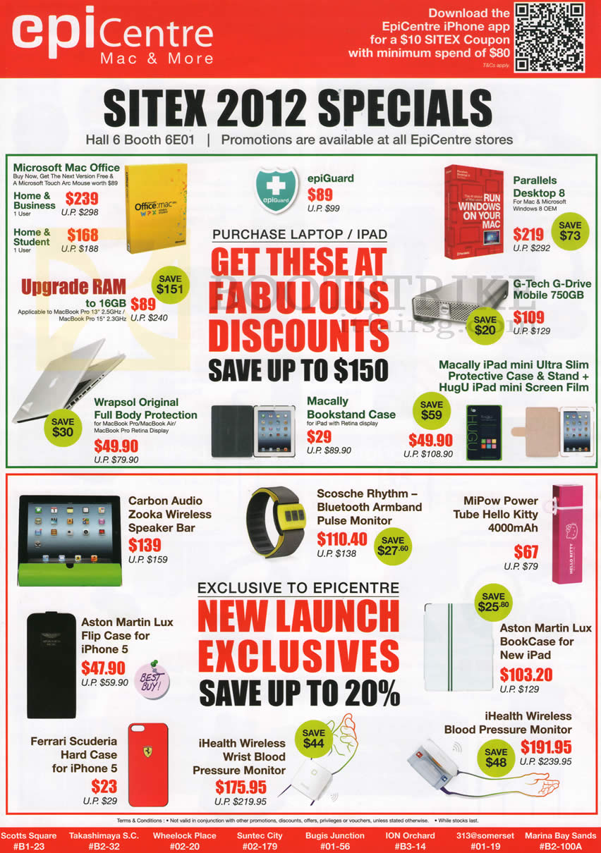 SITEX 2012 price list image brochure of EpiCentre Apple Accessories Microsoft Mac Office, Case, RAM, Parallels Desktop 8, IPad Mini Case, Speaker, MiPow External Charger, IHealth