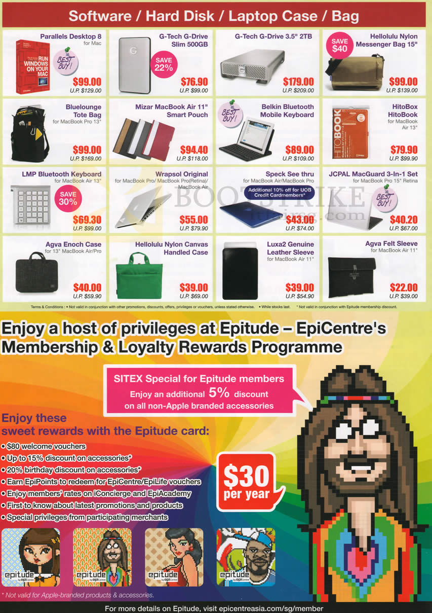 SITEX 2012 price list image brochure of EpiCentre Software Parallels Desktop 8, G-Tech G-Drive External Storage, Belkin Bluetooth Keyboard, Wrapsol, Agva, Luxa2