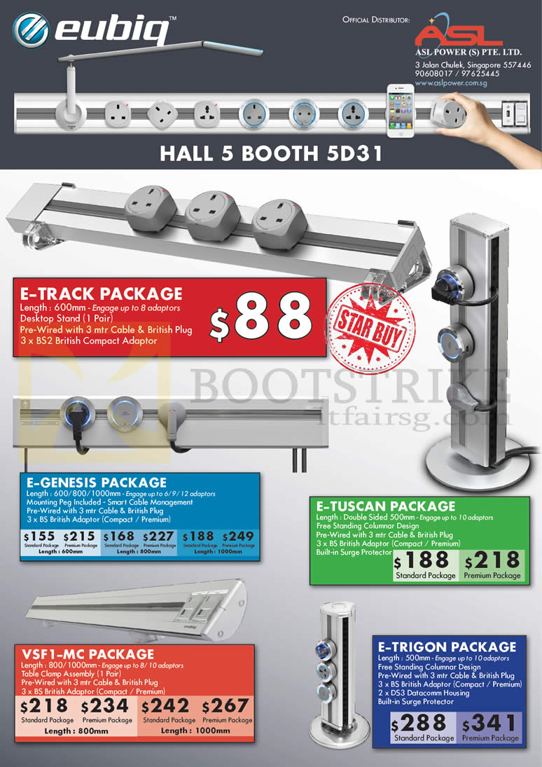 SITEX 2012 price list image brochure of Eubiq Flexible Power Outlet System E-Track, E-Genesis, E-Tuscan, VSF1-MC, E-Trigon Packages