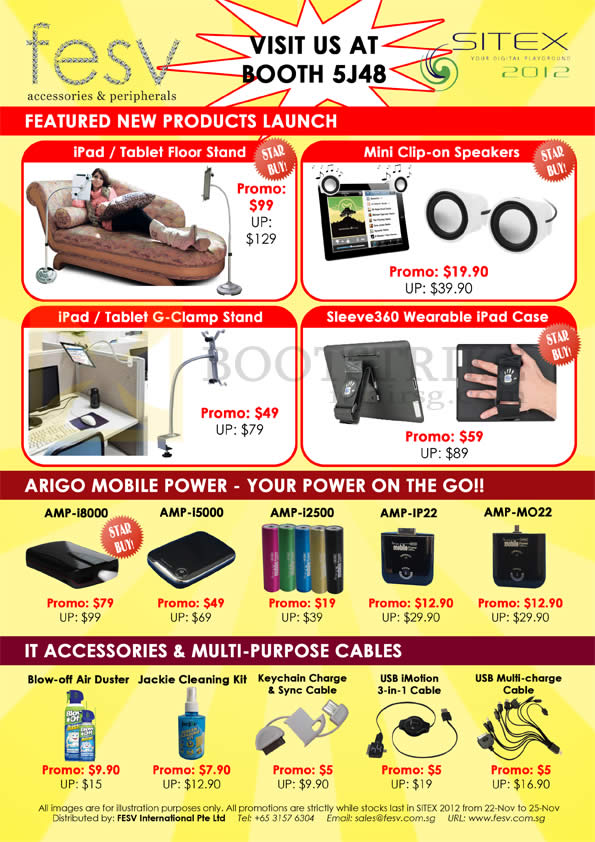 SITEX 2012 price list image brochure of Fesv IPad Tablet Floor Stand, G-Clamp, Speakers, Sleeve360 IPad Case, Arigo External Battery, Accessories