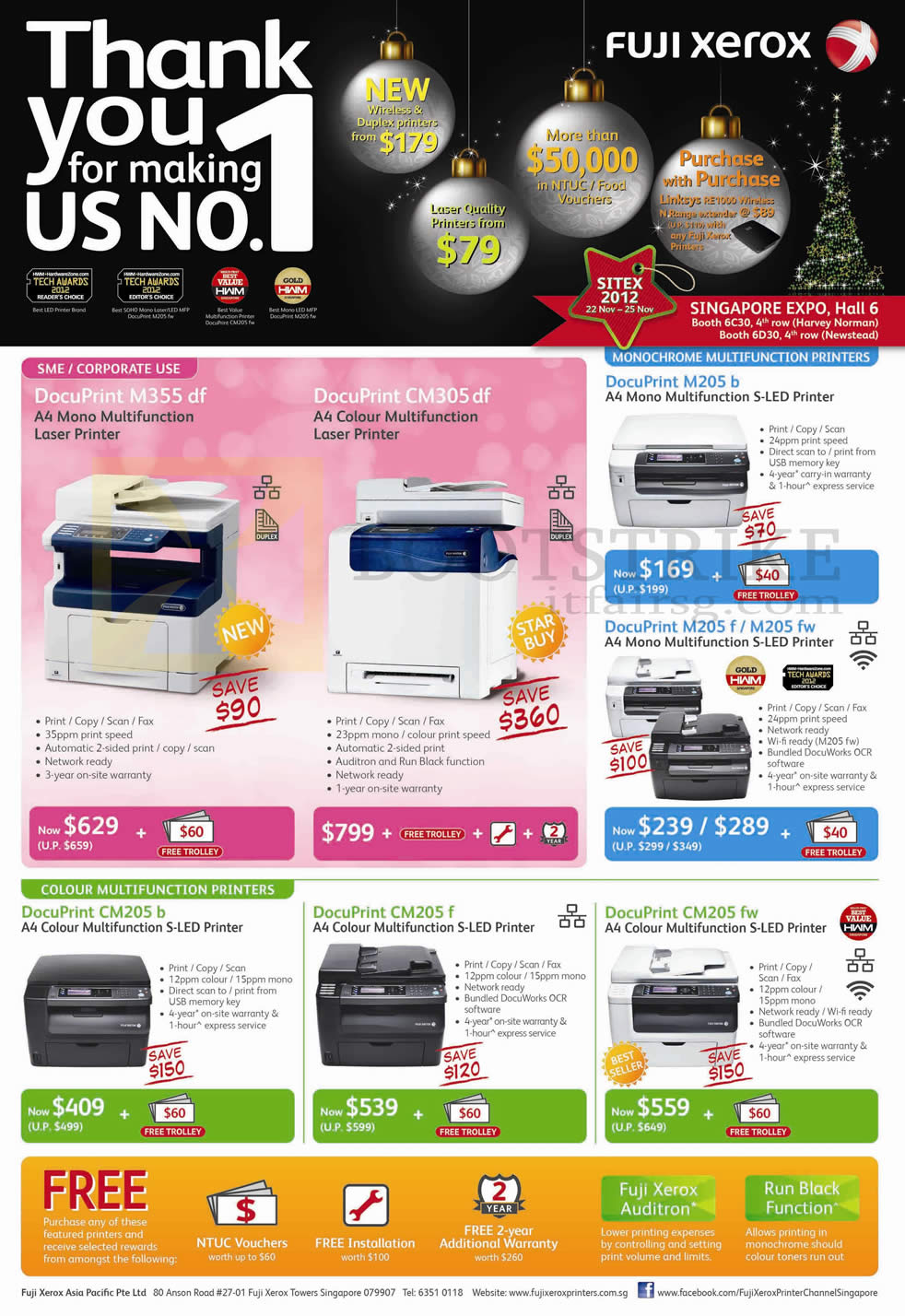 SITEX 2012 price list image brochure of Fuji Xerox Laser Printers DocuPrint M355 Df, CM305 Df, M205 B, M205 F, M205 Fw, CM205 B, CM205 F, CM205 FW