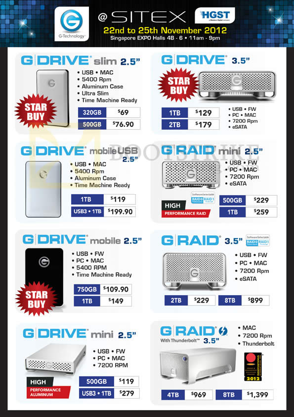 SITEX 2012 price list image brochure of G-Technology External Storage G Drive Slim, Mobile USB, Mini, Raid, Thunderbolt