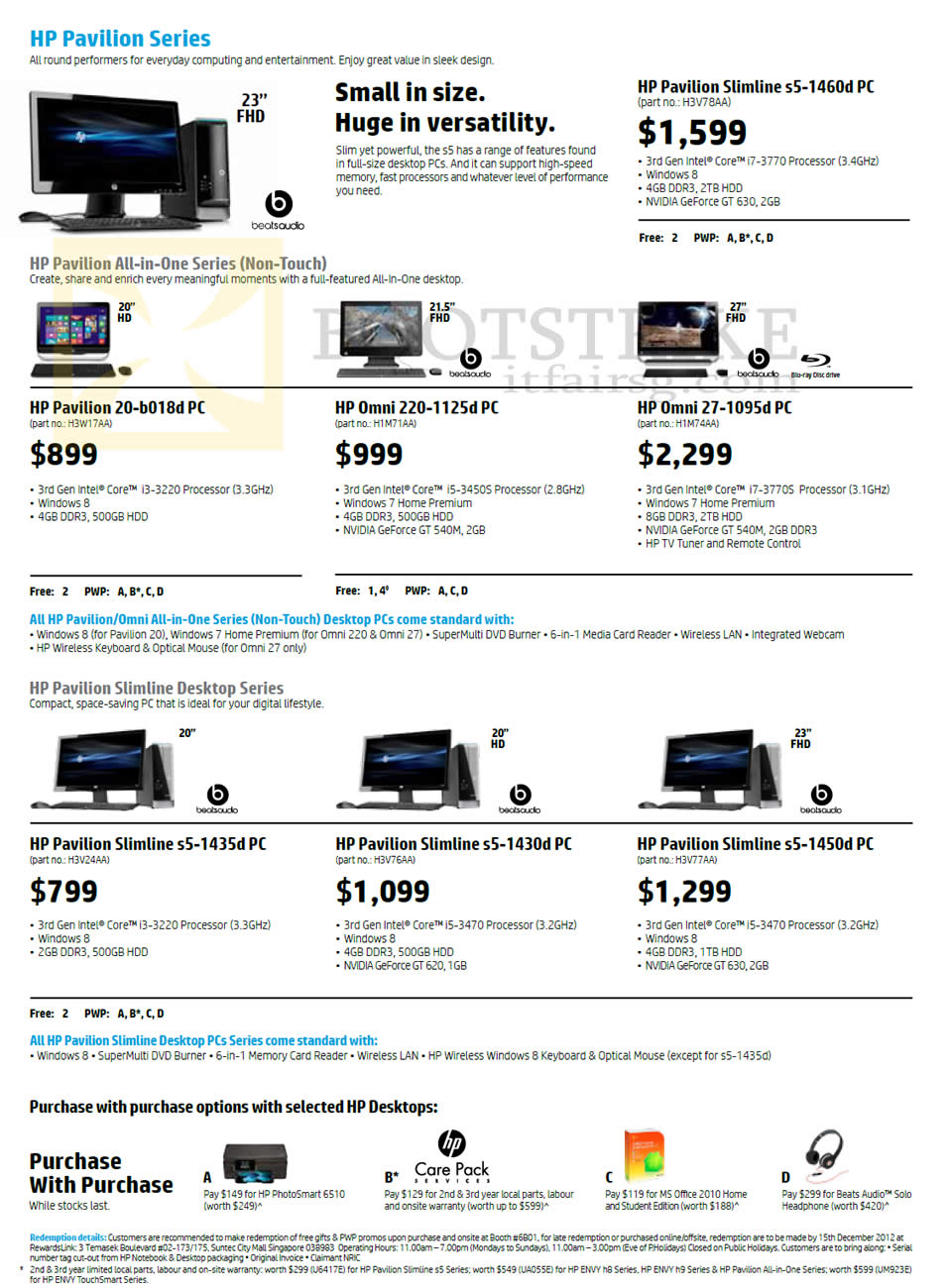 SITEX 2012 price list image brochure of HP Pavilion Desktop PCs, S5-1435d, S5-1430d, S5-1450d, AIO 20-b018d, Omni 220-1125d, 27-1095d