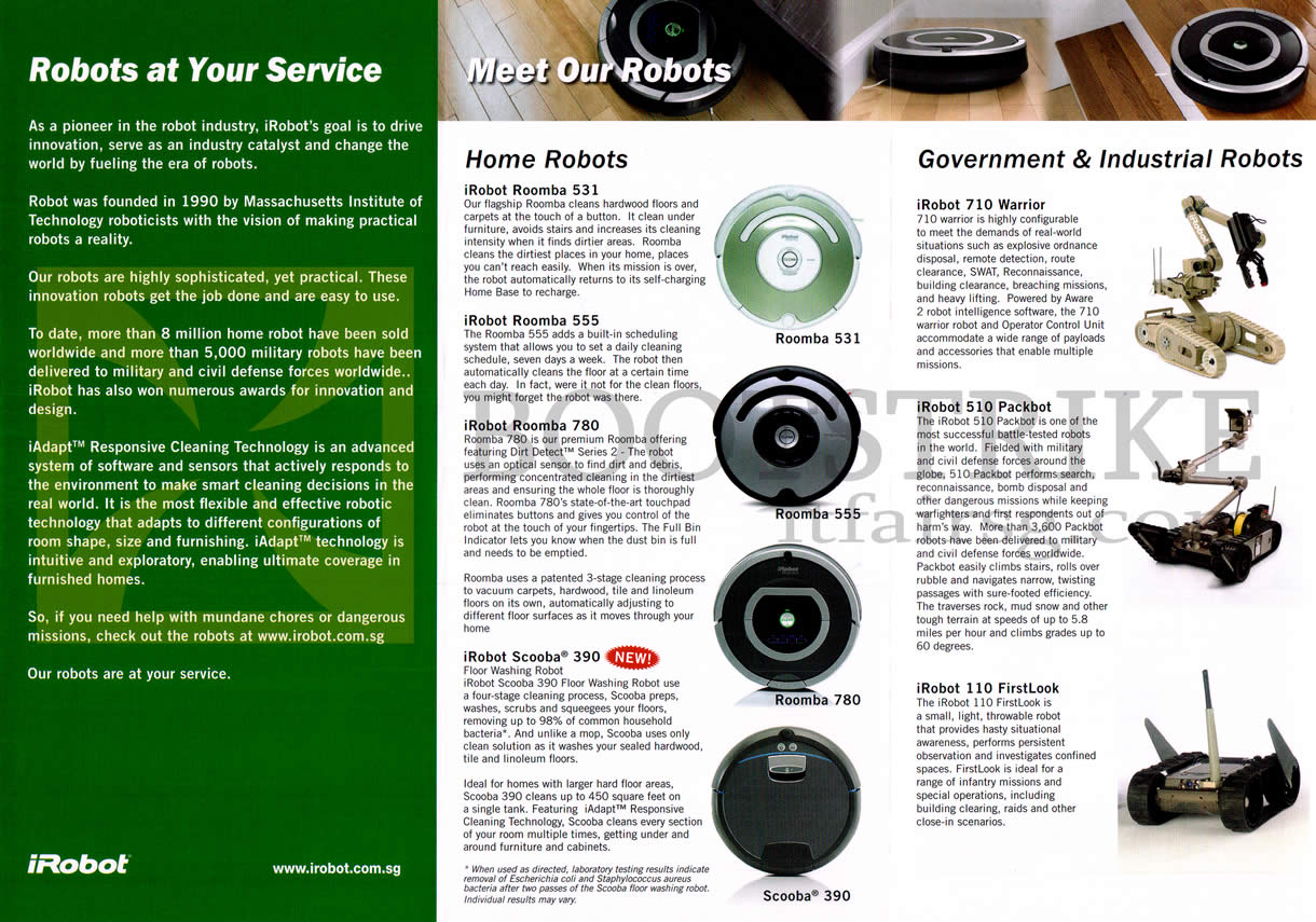 SITEX 2012 price list image brochure of John Ackerman IRobot Vacuum Cleaners Roomba 531 555 780, Scooba 390, 710 Warrior, 510 Packbot, 110 FirstLook