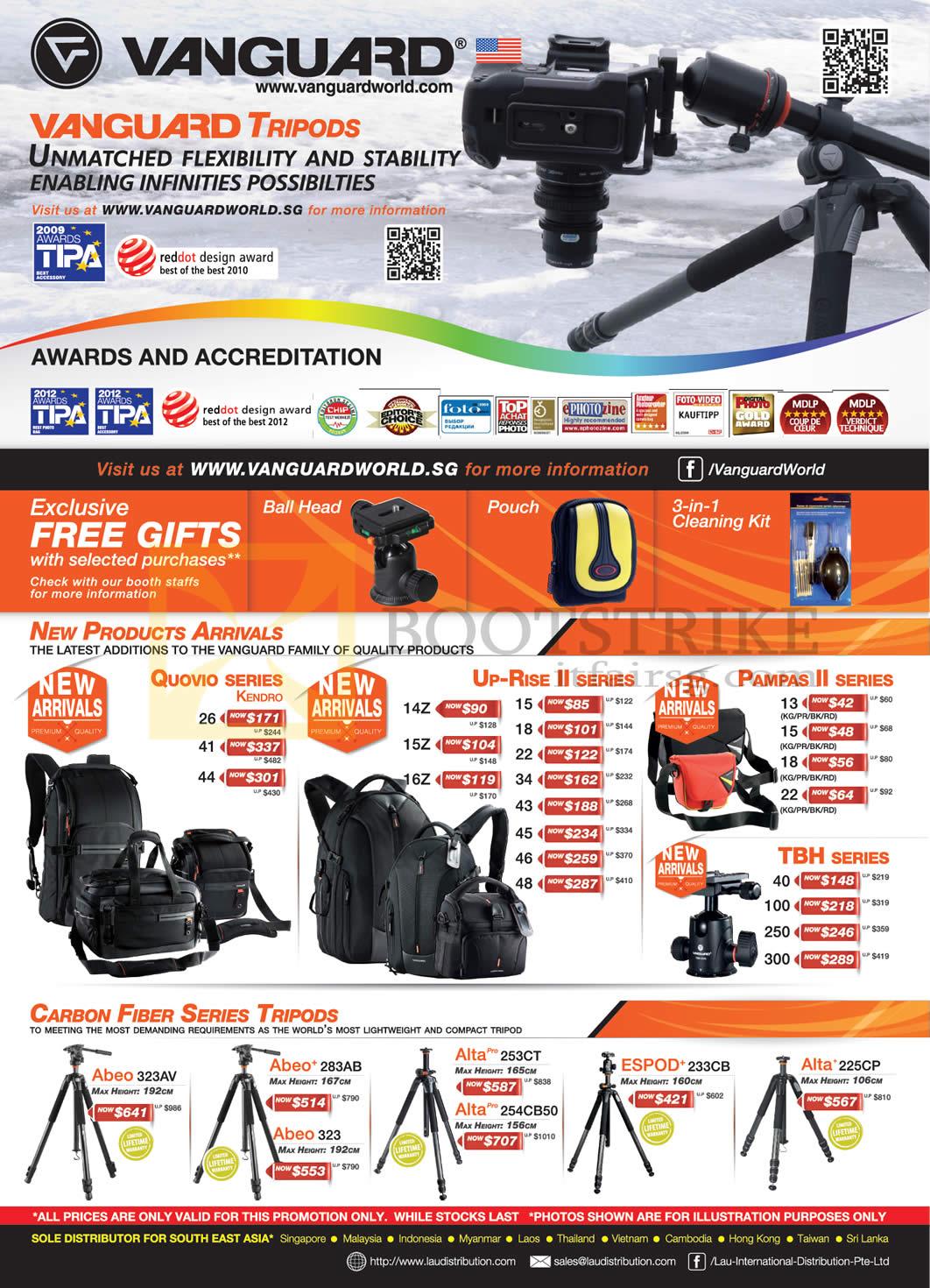 SITEX 2012 price list image brochure of Lau Intl Vanguard Awards, Accreditations, Quovio Bags, Up-Rise II, Pampas II, Carbon Fiber Tripods Abeo, Alta, Espod