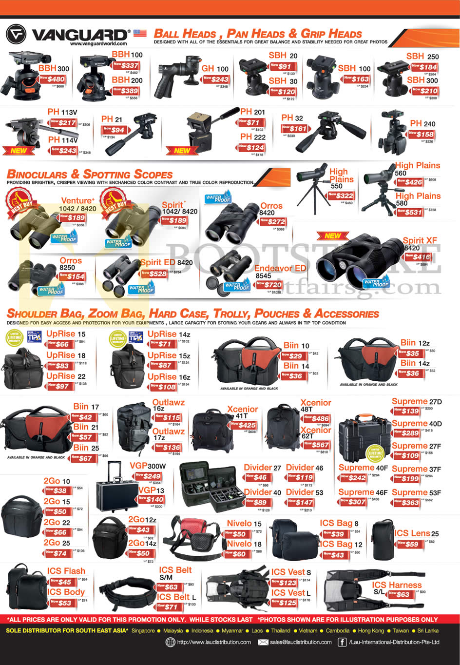 SITEX 2012 price list image brochure of Lau Intl Vanguard Ball Heads, Pan Heads, Grip Heads BBH, GH, SBH, PH, Binoculars, Spotting Scopes Venutre, Spirit, Orros, High Plains, Bags