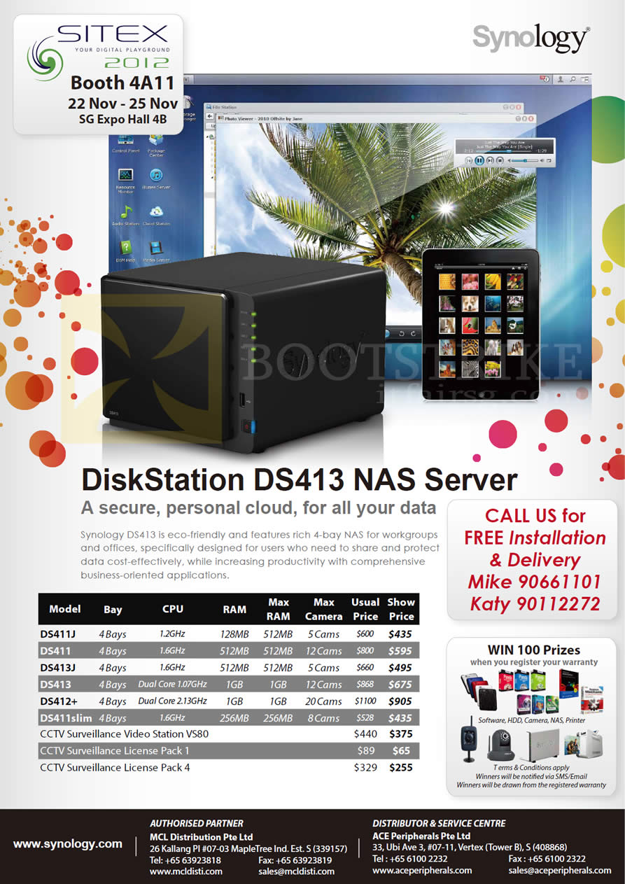 SITEX 2012 price list image brochure of MCL Distribution Ace NAS Synology DiskStation DS411J, DS411, DS413, DS413J, DS411Slim