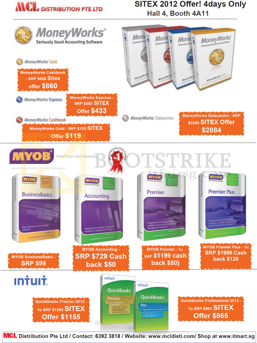 SITEX 2012 price list image brochure of MCL Distribution Software MoneyWorks Gold Express Cashbook Datacentre, Myob BusinessBasic Accounting Premier Plus, Intuit Quickbooks Premier 2013, Professional 2013