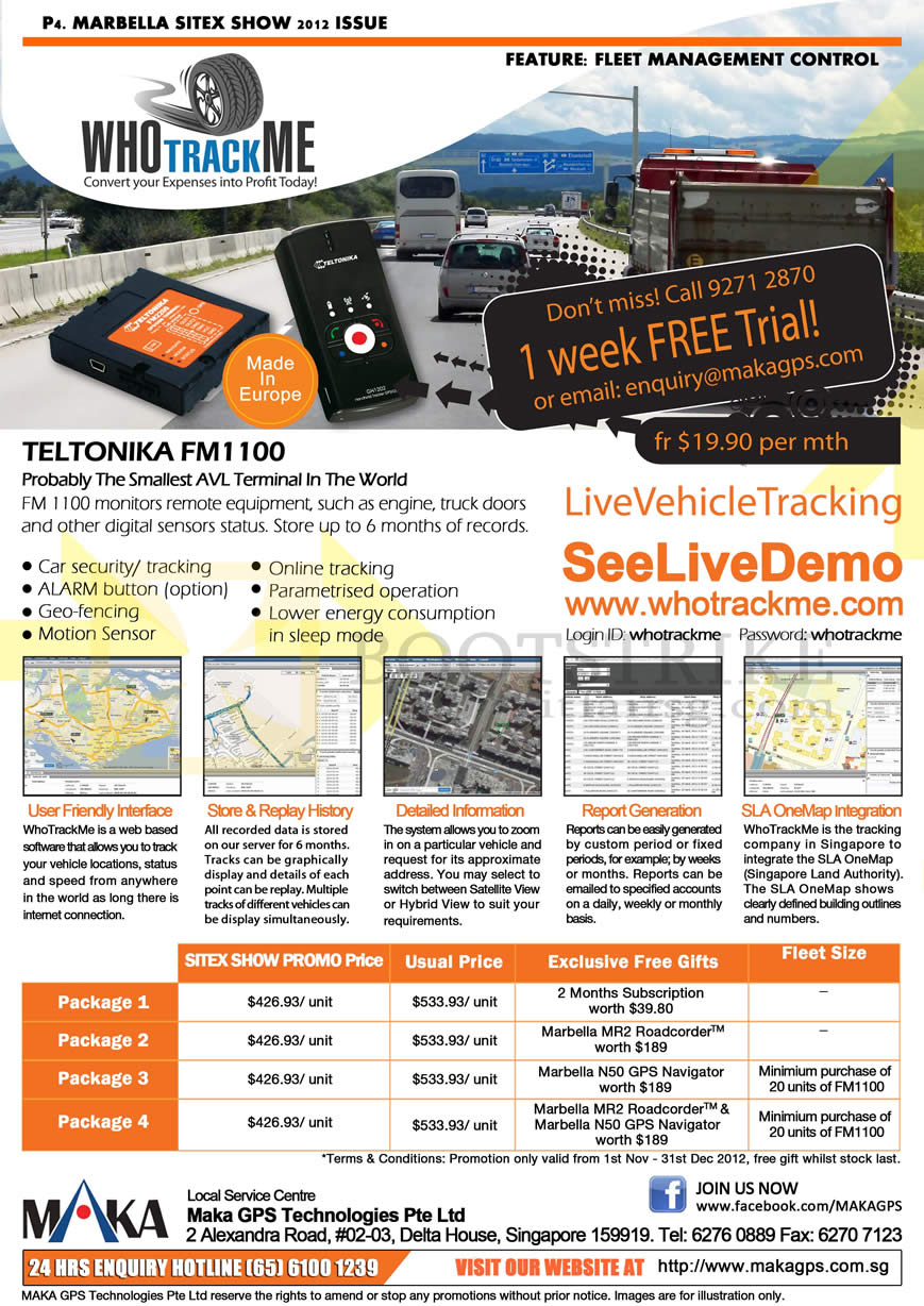 SITEX 2012 price list image brochure of Maka GPS Teltonika FM1100 AVL Terminal, Live Vehicle Tracking, WhoTrackMe, SLA