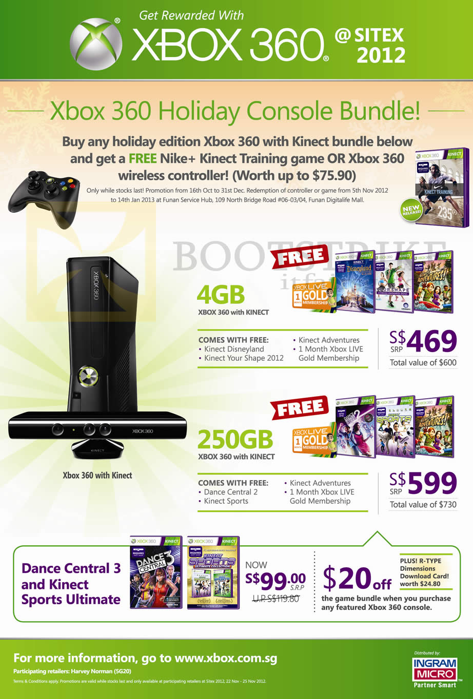 SITEX 2012 price list image brochure of Microsoft Xbox 360 Holiday Console Bundle Kinect 4GB, 250GB, Dance Central 3, Kinect Sports Ultimate