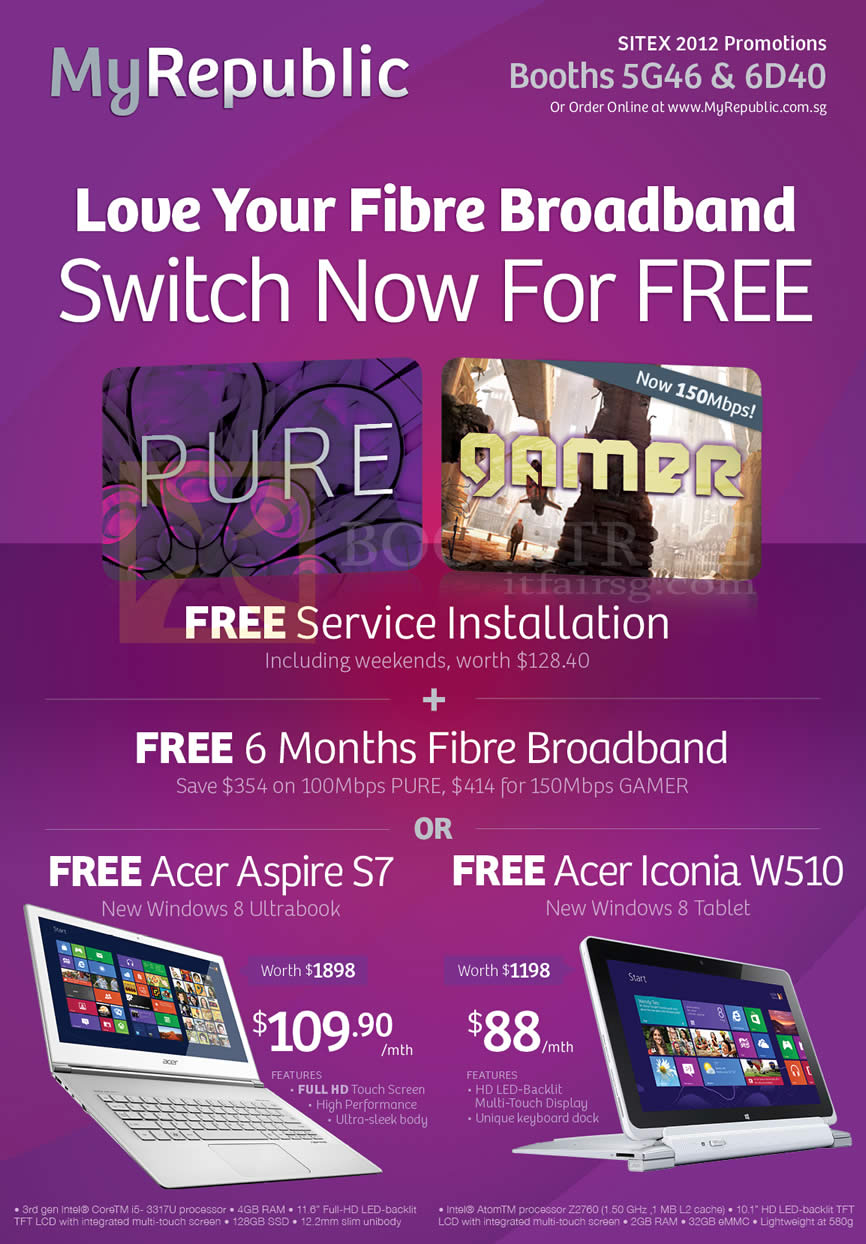 SITEX 2012 price list image brochure of MyRepublic Fibre Broadband Pure, Gamer, Free Service Installation, Free 6 Months Fibre Broadband, Free Acer Aspire S7 Ultrabook Notebook, Acer Iconia W510 Tablet