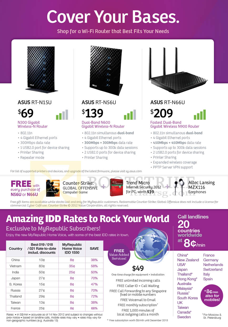 SITEX 2012 price list image brochure of MyRepublic Wireless Routers ASUS RT-N15U, RT-N56U, RT-N66U, International IDD Rates