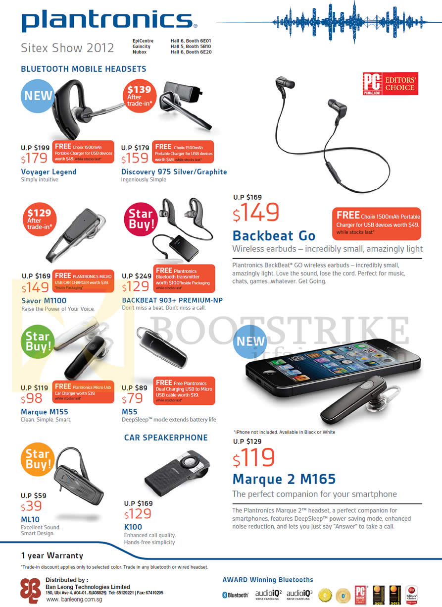 SITEX 2012 price list image brochure of Plantronics Bluetooth Headsets Voyager Legend, Discovery 975, Backbeat Go 903 Plus, Savor M1100, Marque M155, 2 M165, M55, ML10, K100