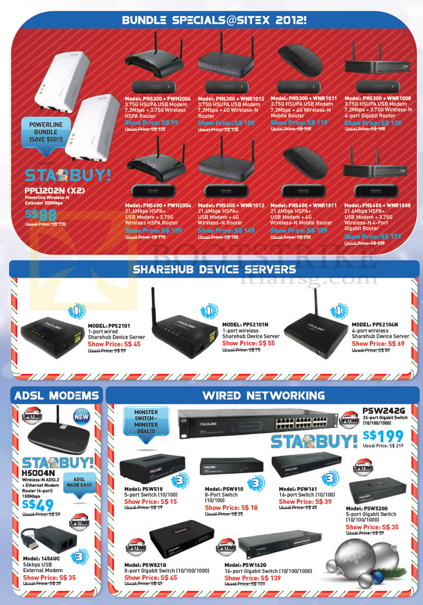 SITEX 2012 price list image brochure of Prolink Bundle Specials, Sharehub Device Servers, ADSL Modems, Switch, 56K