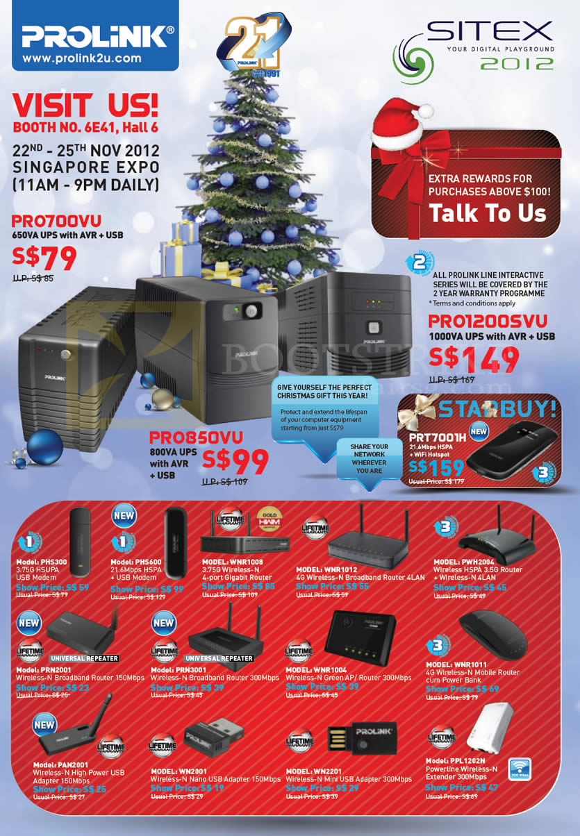 SITEX 2012 price list image brochure of Prolink UPS PRO700VU PRO850VU PRO1200SVU, Modem, Wireless Router, USB Adapter, Powerline, Extender