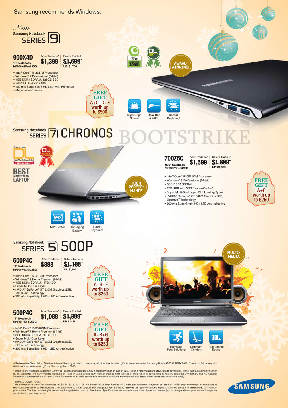 SITEX 2012 price list image brochure of Samsung Notebooks Series 9 NP900X4D-A01SG, Series 7 NP700Z5C-S01SG, Series 5 NP500P4C-S03SG, NP500P4C-S05SG