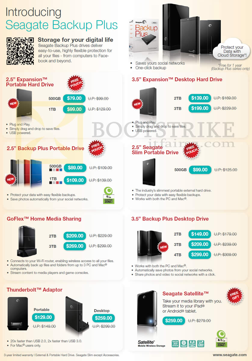 SITEX 2012 price list image brochure of Seagate External Storage Backup Plus. Expansion, Slim Portable, GoFlex Home Media Sharing, Thunderbolt Adapter, Satellite