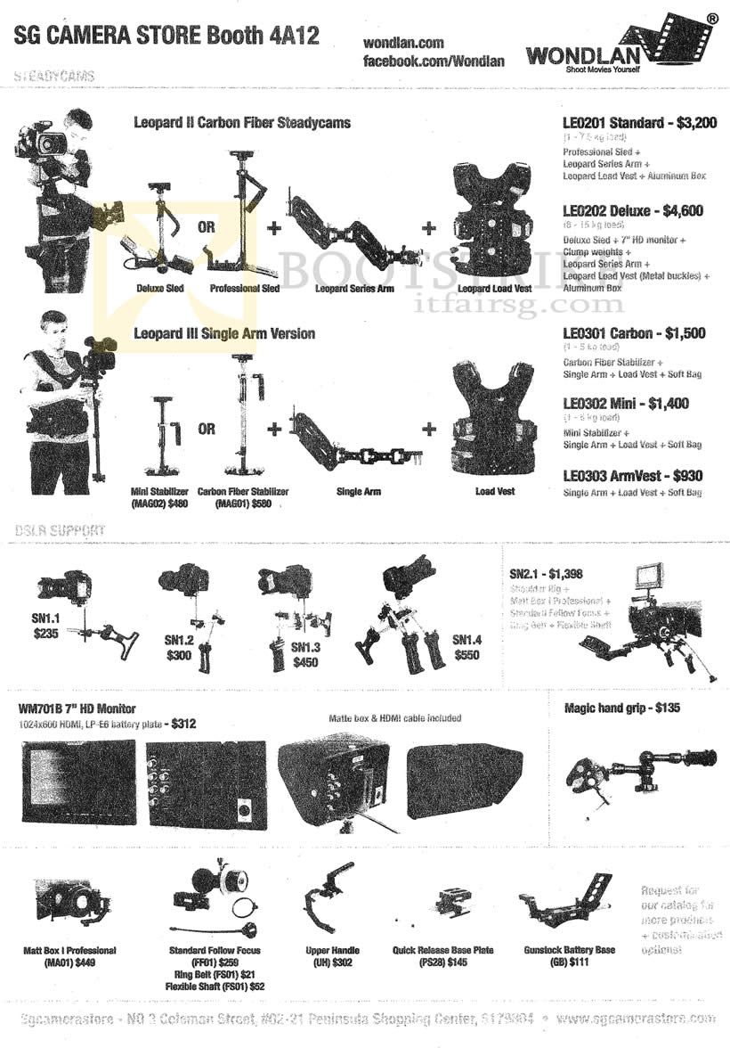 SITEX 2012 price list image brochure of Sgcamerastore Tripods Leopard II Carbon Fiber LE0201 Standard LE0202, LE0301 Carbon, LE0302, DSLR Support, SN2.1, WM701b Monitor, Accessories