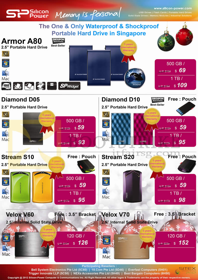 SITEX 2012 price list image brochure of Silicon Power External Storage Armor A80, Diamond D05 D10, Stream S10 S20, Velox V60 V70