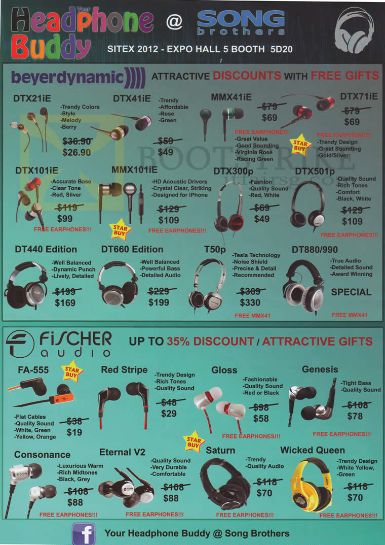 SITEX 2012 price list image brochure of Song Brothers Headphones Beyerdynamic DTX21iE DTX41iE MMX41iE DTX71iE DT440 DT660 T50p, Fischer Audio Earphones FA-55 Gloss Saturn Genesis Wicket Queen Consonance