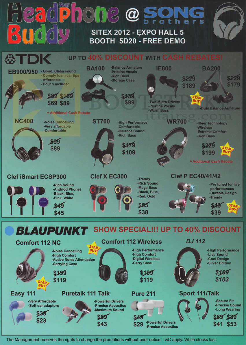 SITEX 2012 price list image brochure of Song Brothers Headphones Earphones TDK EB900 950 BA100 IE800 BA200 NC400 ST700 WR700 Clef ISmart ECSP300 EC300 EC40, Blaupunkt Comfort 112 NC, DJ 112, Easy 111