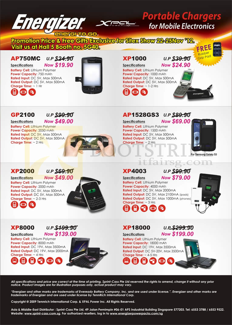 SITEX 2012 price list image brochure of Sprint-Cass Energizer Portable Charger AP750MC, XP1000, GP2100, AP1528GS3, XP2000, XP4003, XP8000, XP18000