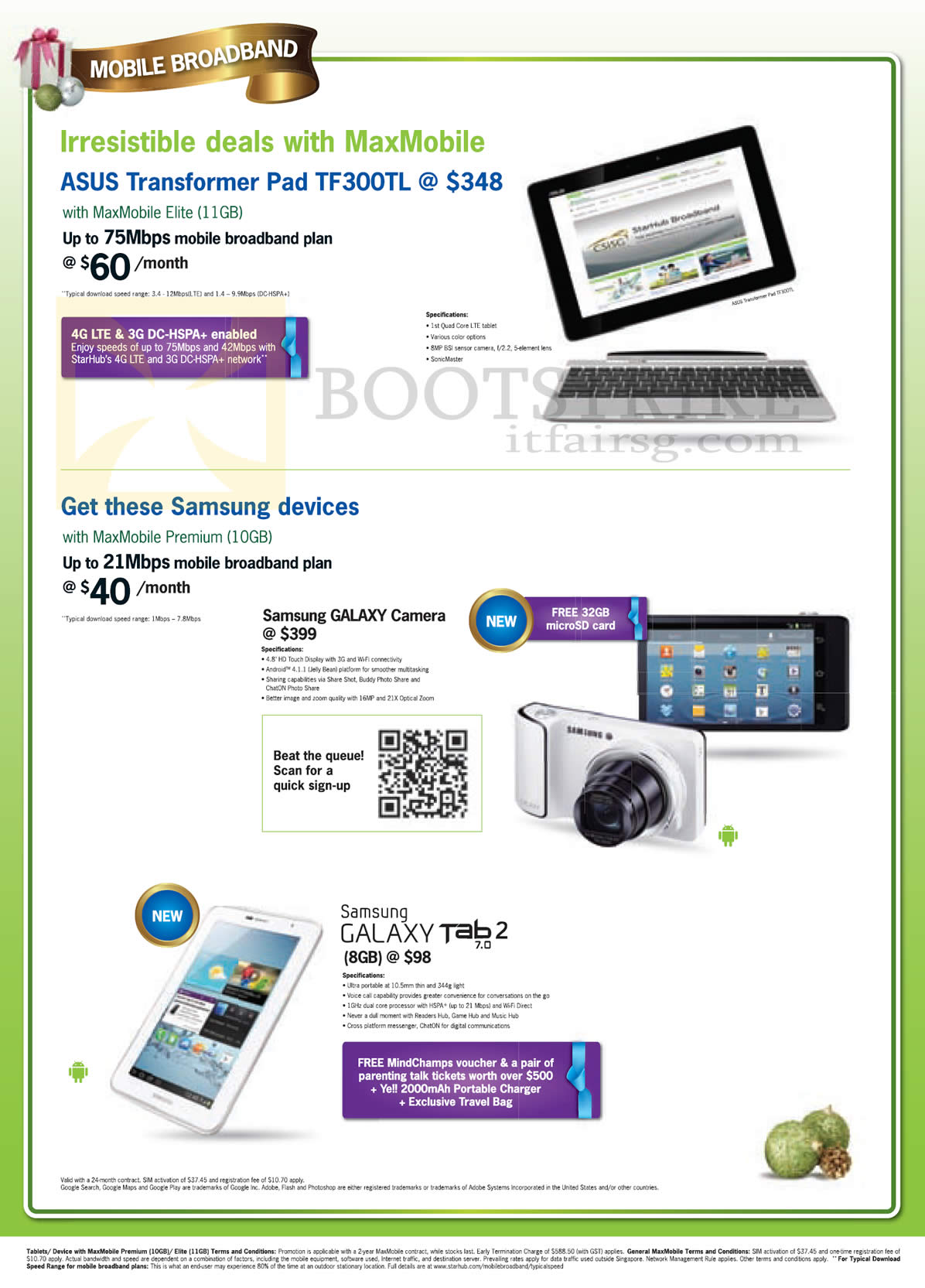 SITEX 2012 price list image brochure of Starhub Broadband MaxMobile Elite Mobile ASUS Transformer Pad TF300TL, Premium Samsung Galaxy Camera, Tab 2 7.0