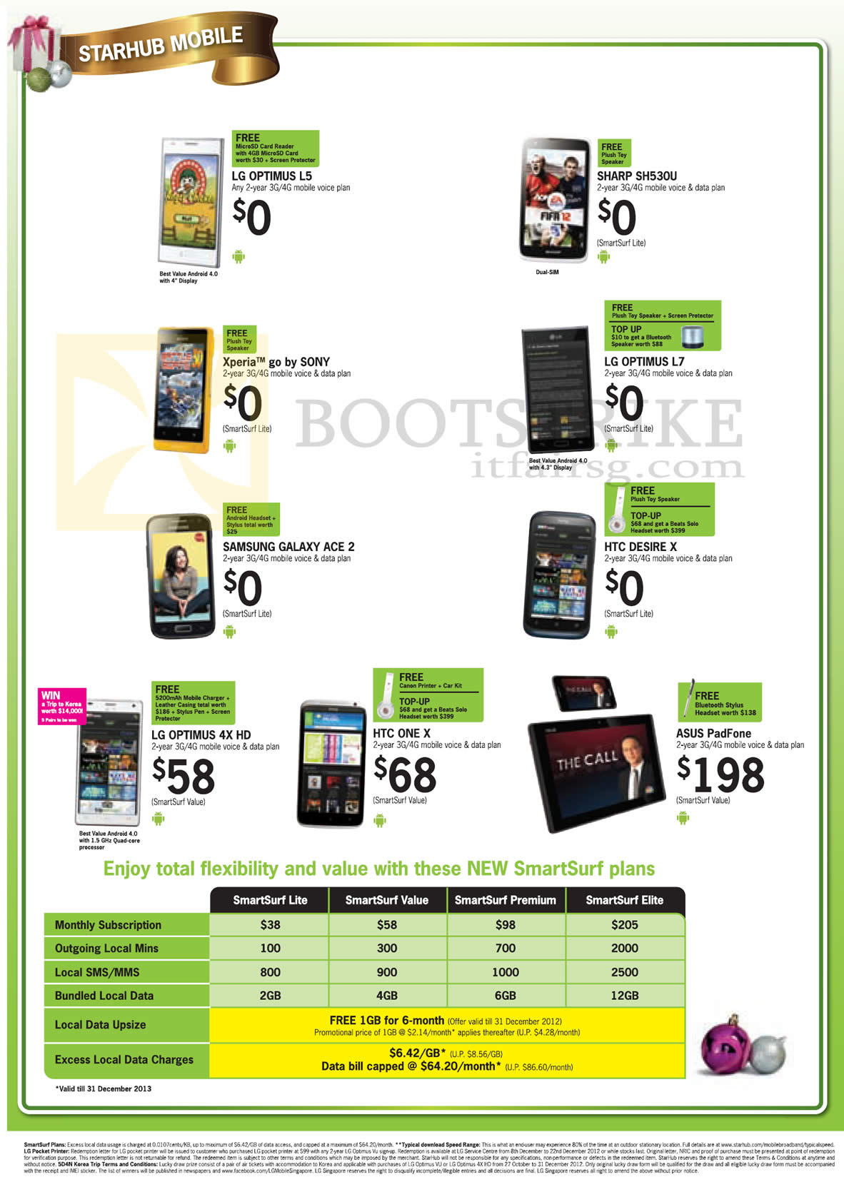 SITEX 2012 price list image brochure of Starhub Mobile Phones LG Optimus L5 L7 4X HD, Sharp SH530U, Sony Xperia Go, Samsung Galaxy Ace 2, HTC Desire X One X, ASUS PadFone